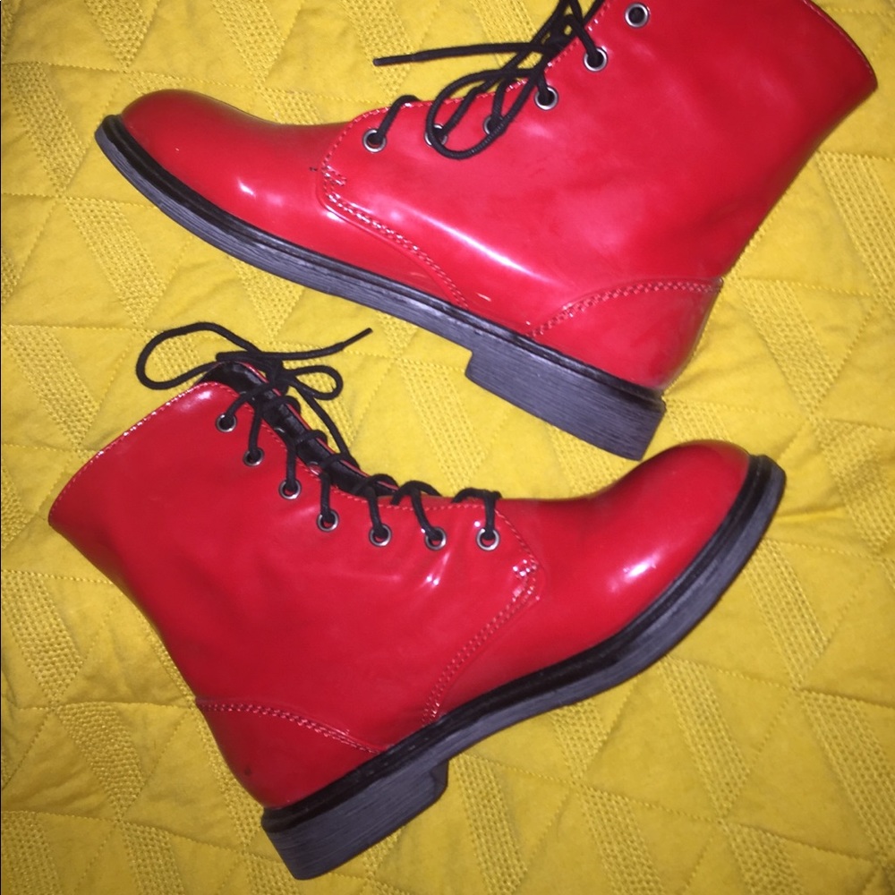 Bright red combat boots